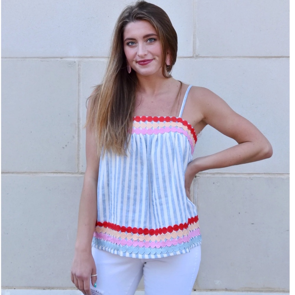 Entro Women’s L Cotton Striped Smocked Tank Top With Colorful Dot Detailing - Picture 2 of 12